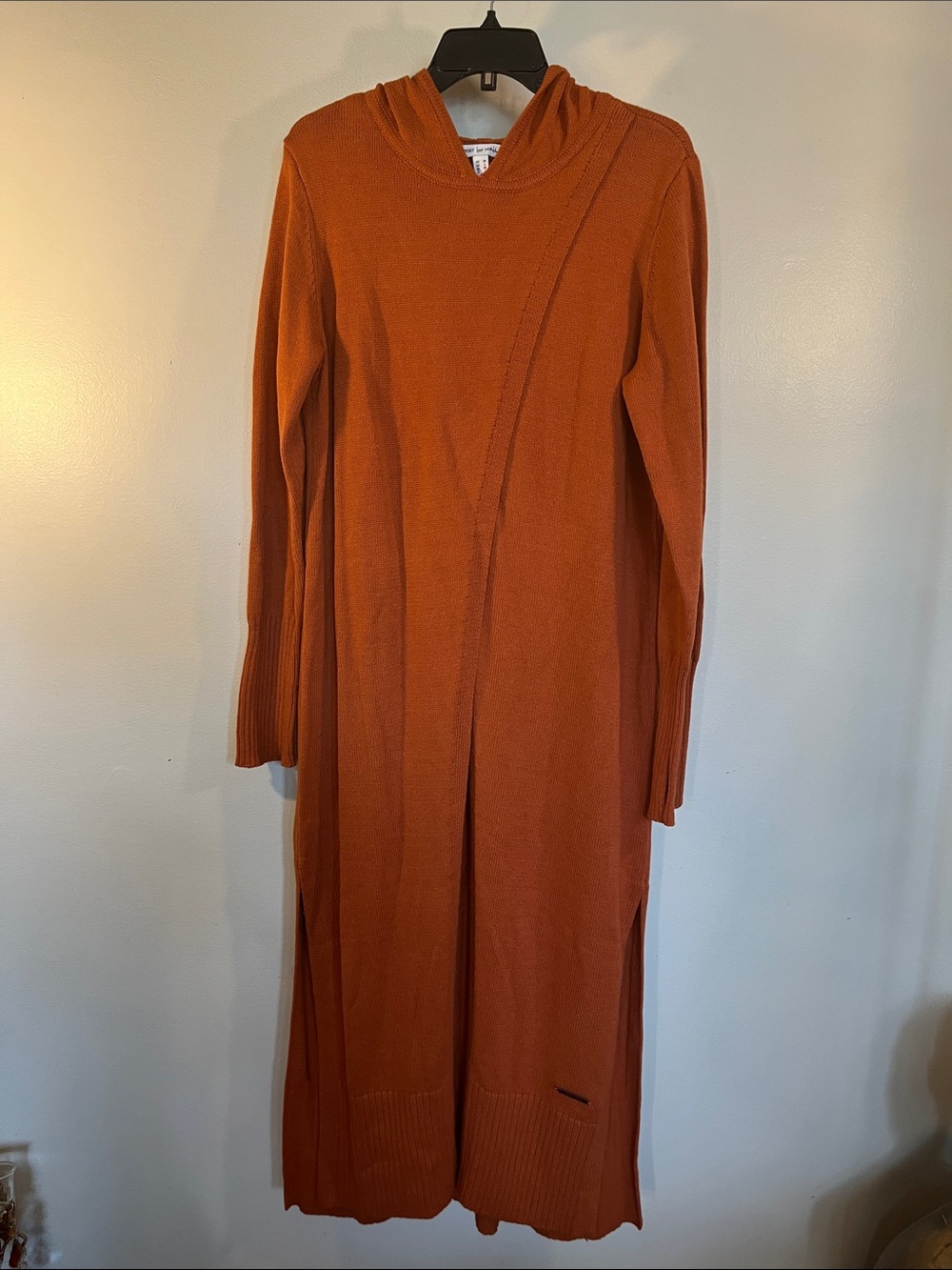 Peace Love World Long-Sleeve Hooded Knit Maxi Dress in Burnt Orange